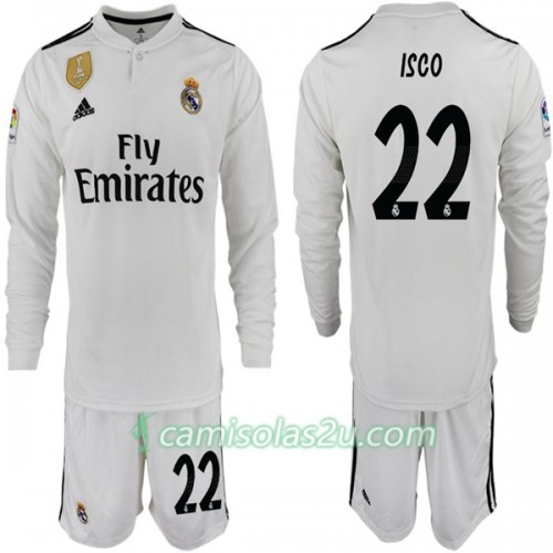 Camisolas de Futebol Real Madrid ISCO 22 Criança Equipamento Principal 2018/19 Manga Comprida Camisolas de Futebol Real Madrid ISCO 22 Criança Equipamento Principal 2018/19 Manga Comprida